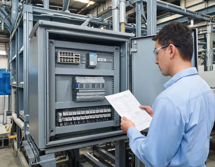 Control cabinet with PLC CPU, I/O racks and labeled field terminals beside a process skid